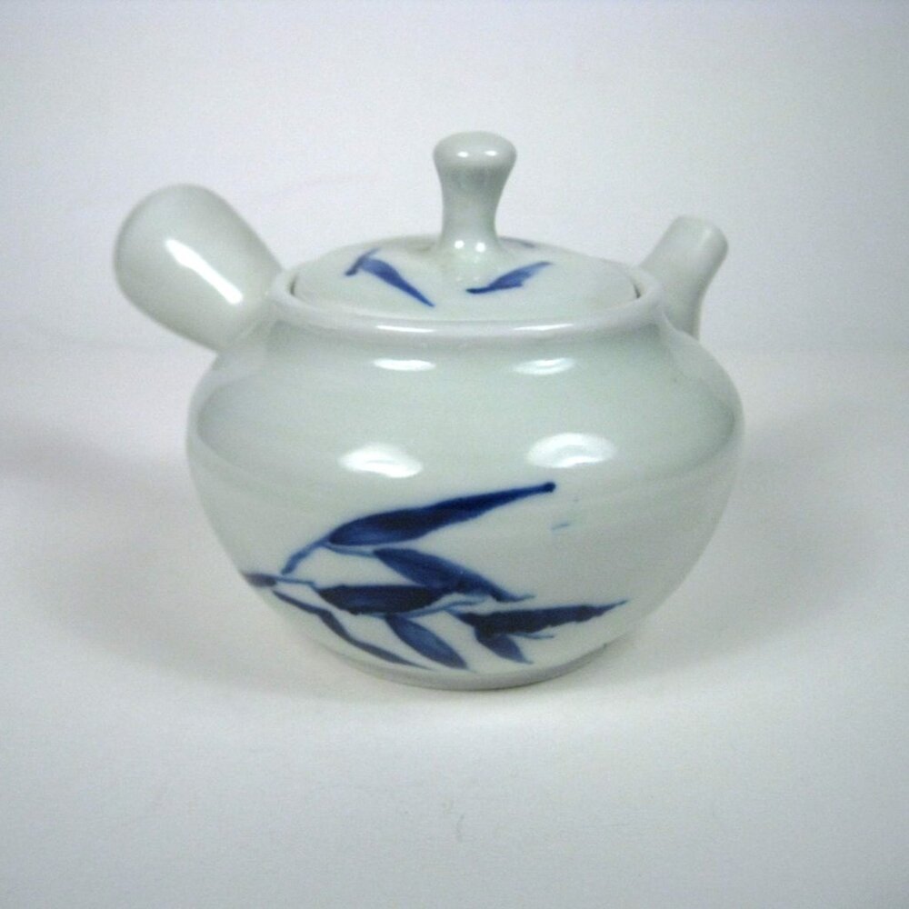 Vintage Ceramic Side Handle Teapot  Blue Bamboo Design Japanese Porcelain